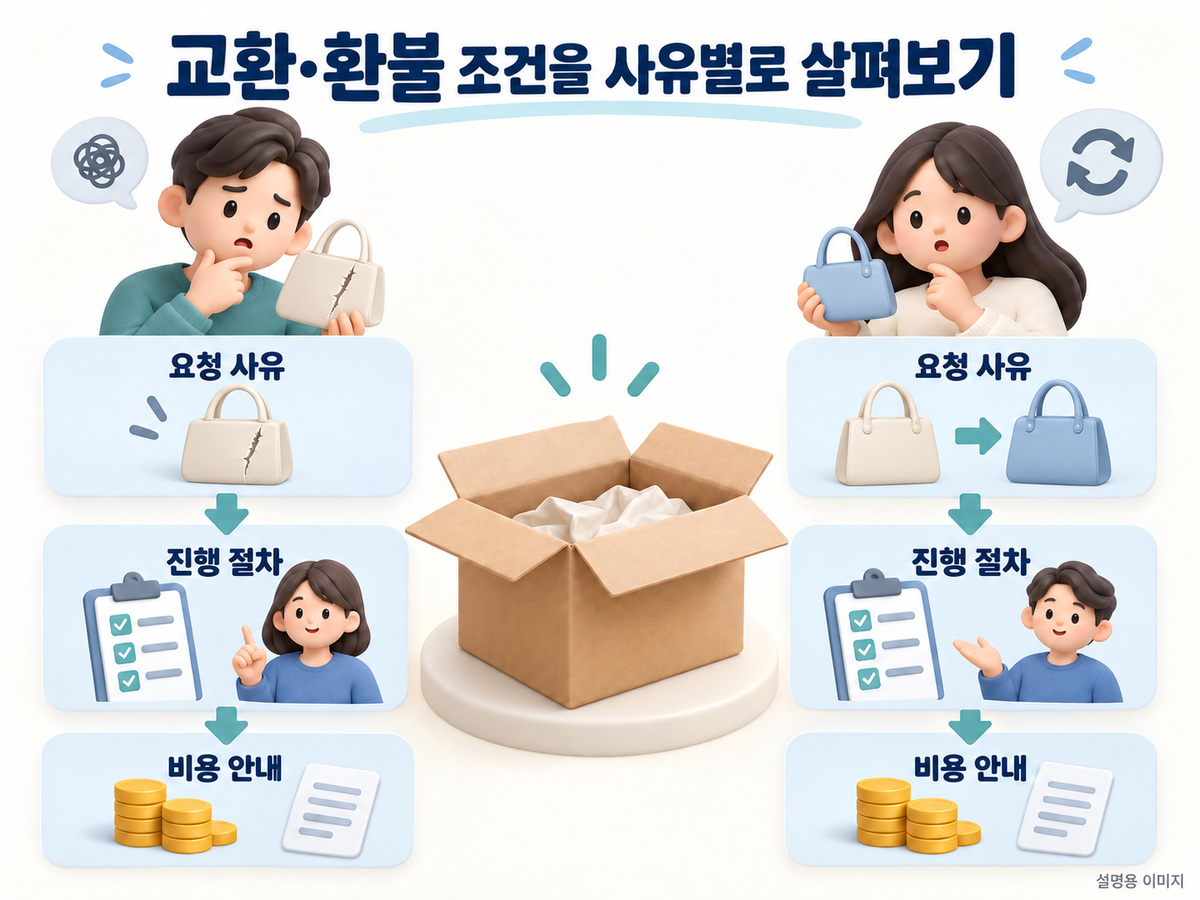 교환·환불 조건을 사유별로 살펴보기의 확인 기준을 정리한 설명용 이미지