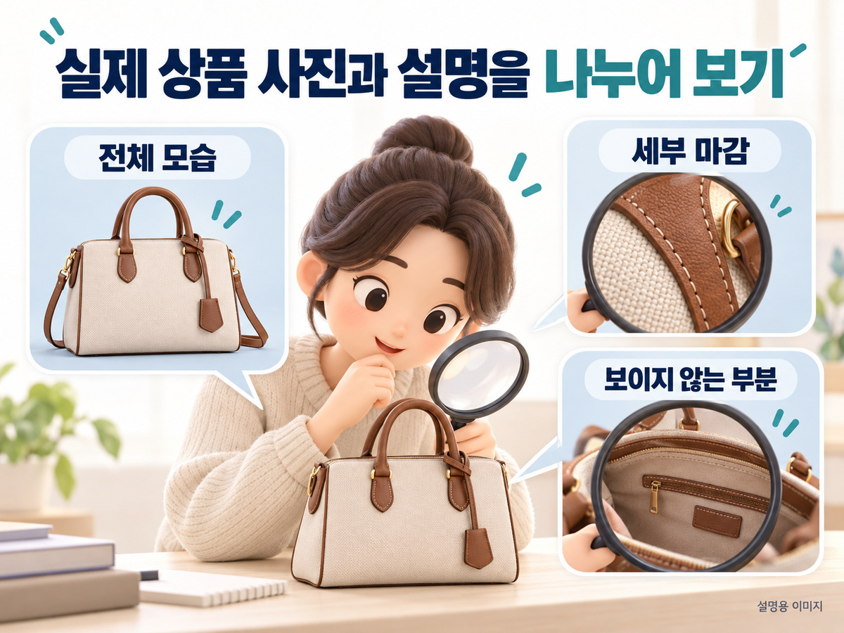 실제 상품 사진과 설명을 나누어 보기의 확인 기준을 정리한 설명용 이미지