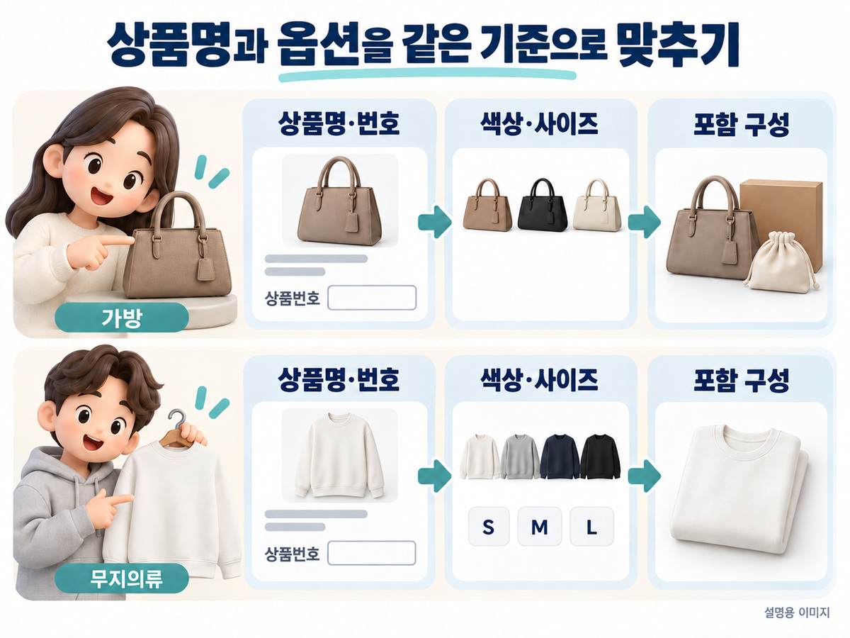 상품명과 옵션을 같은 기준으로 맞추기의 확인 기준을 정리한 설명용 이미지