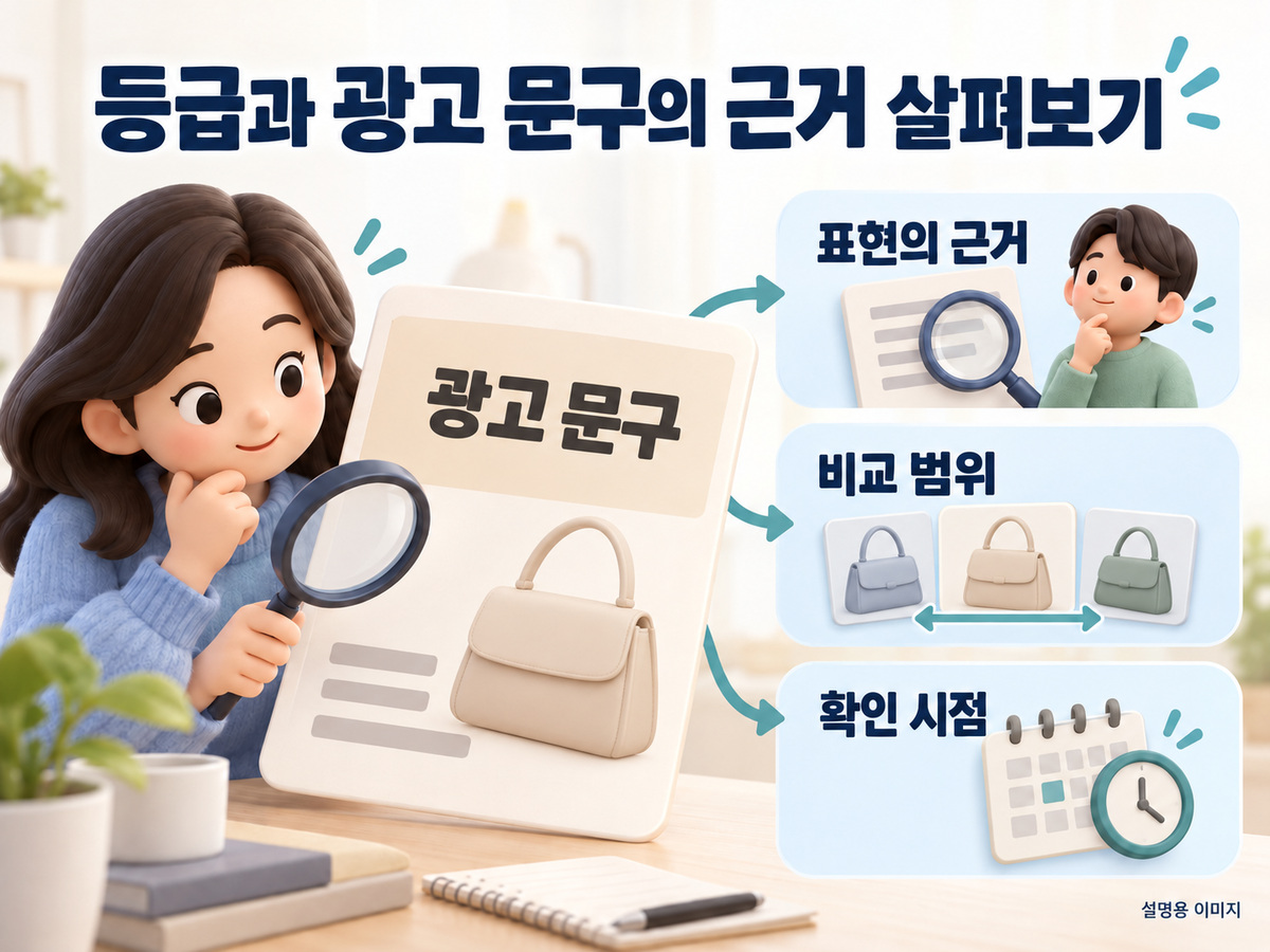 등급과 광고 문구의 근거 살펴보기의 확인 기준을 정리한 설명용 이미지