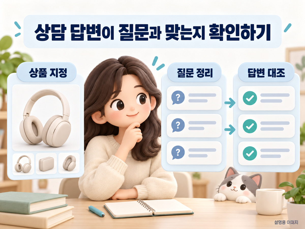 상담 답변이 질문과 맞는지 확인하기의 확인 기준을 정리한 설명용 이미지