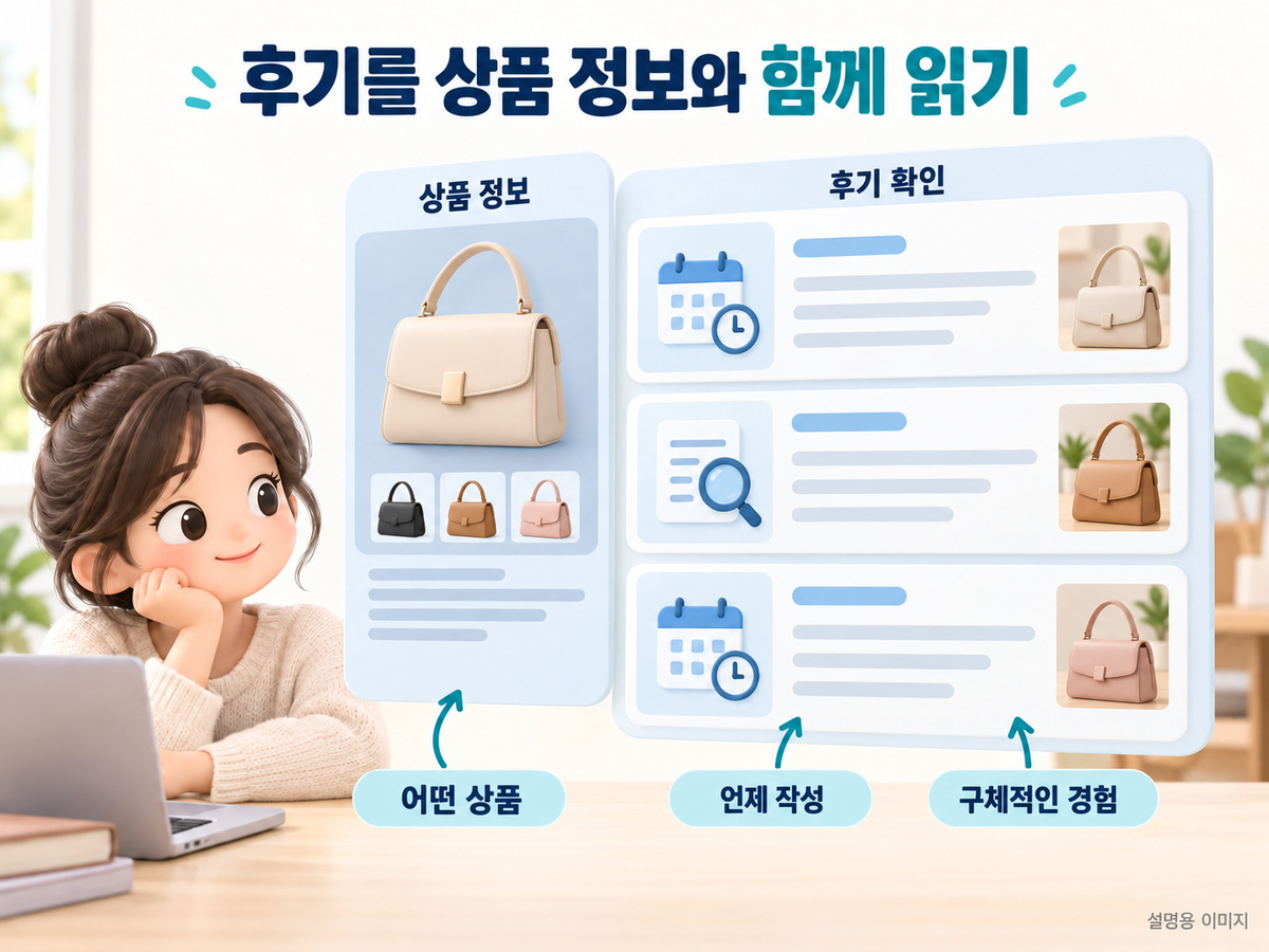 후기를 상품 정보와 함께 읽기의 확인 기준을 정리한 설명용 이미지