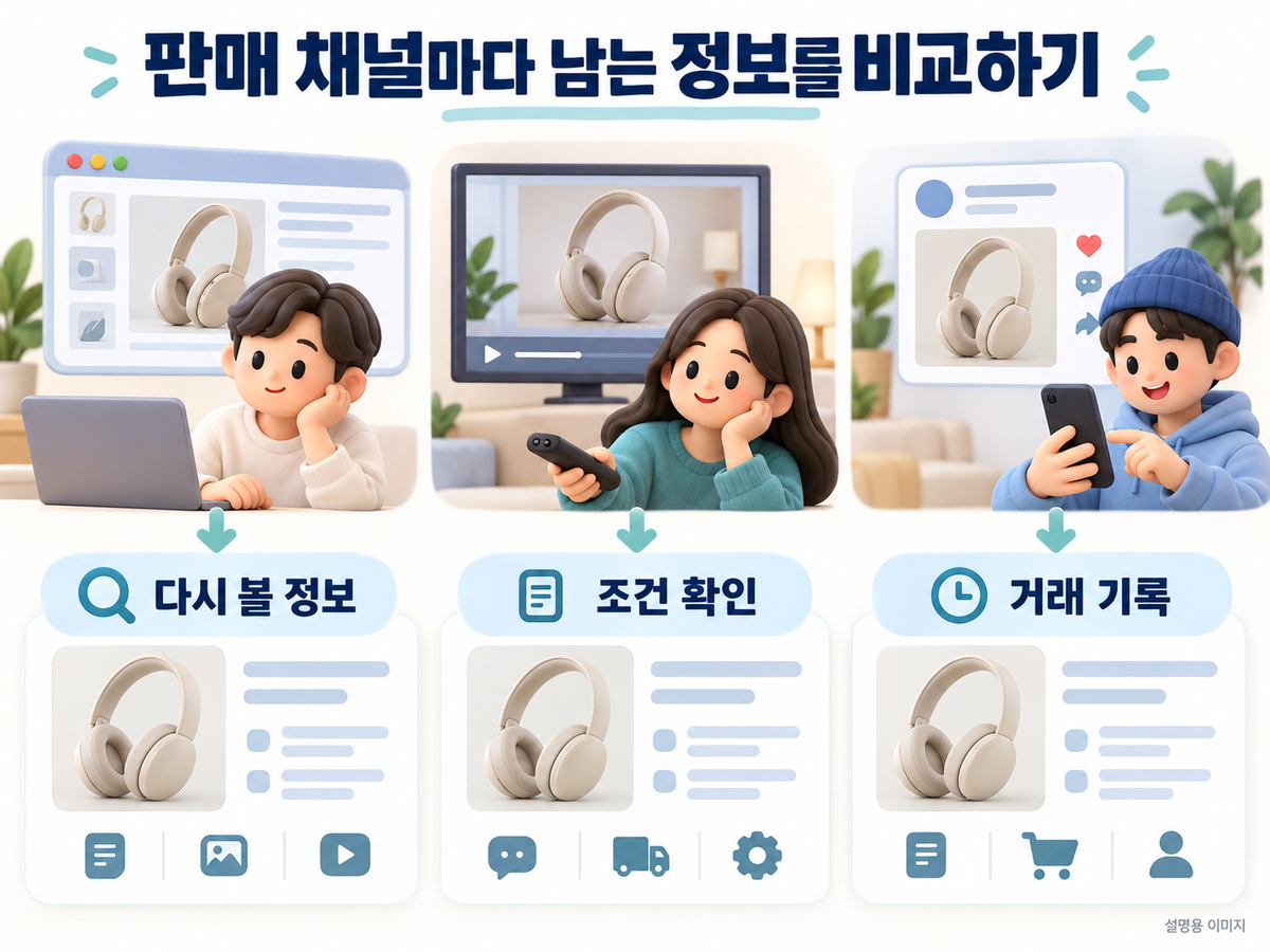 판매 채널마다 남는 정보를 비교하기의 확인 기준을 정리한 설명용 이미지