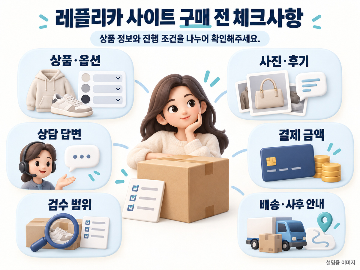 레플리카 사이트에서 결제와 상품 정보, 상담과 검수 및 배송 조건을 확인하는 요약 인포그래픽