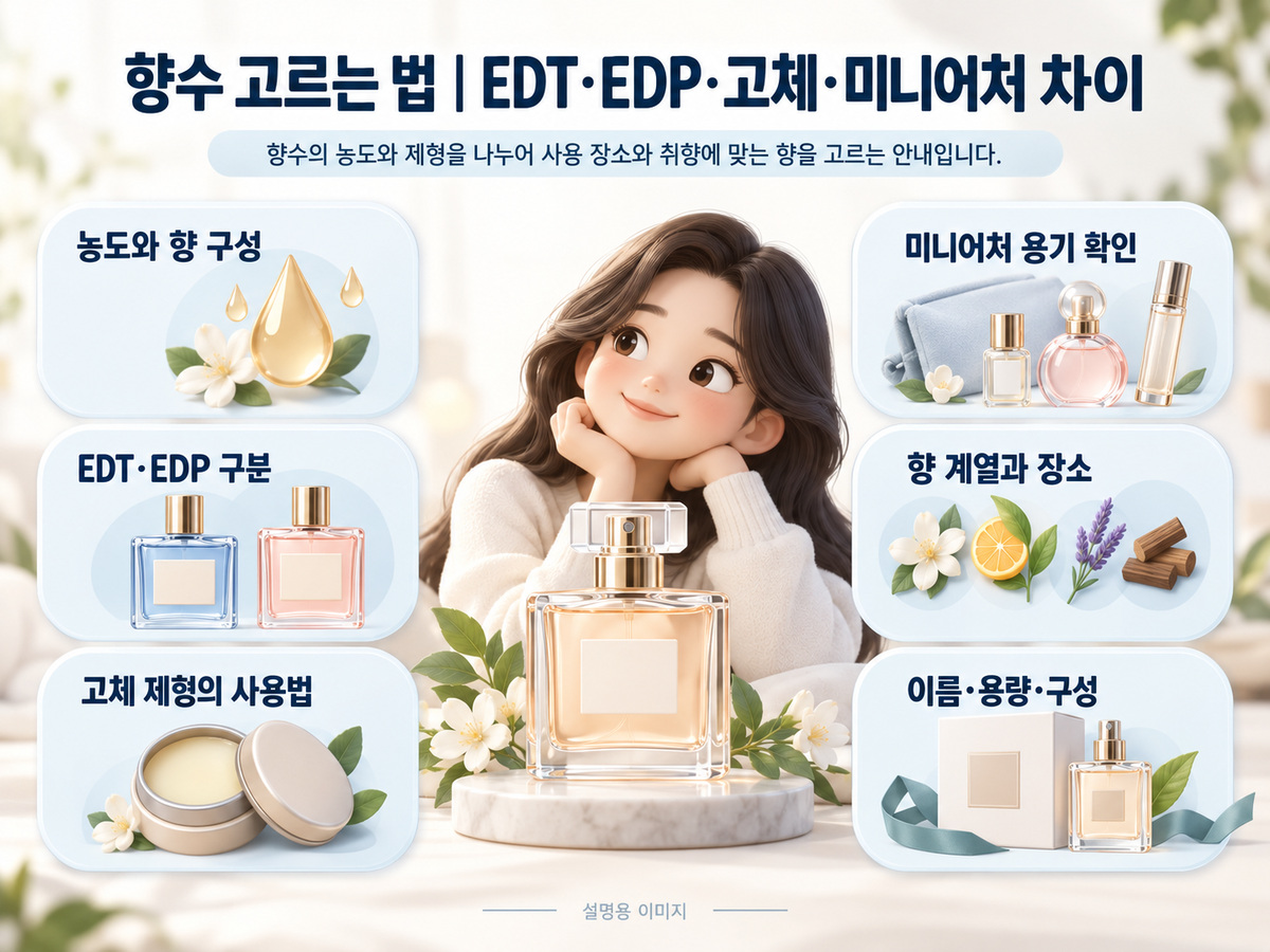 향수의 농도와 제형을 나누어 사용 장소와 취향에 맞는 향을 고르는 안내입니다. 내용을 정리한 설명용 인포그래픽