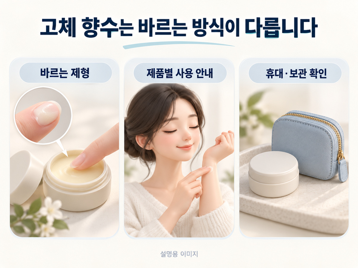 고체 향수는 바르는 방식이 다릅니다의 핵심 내용을 보여주는 설명용 이미지
