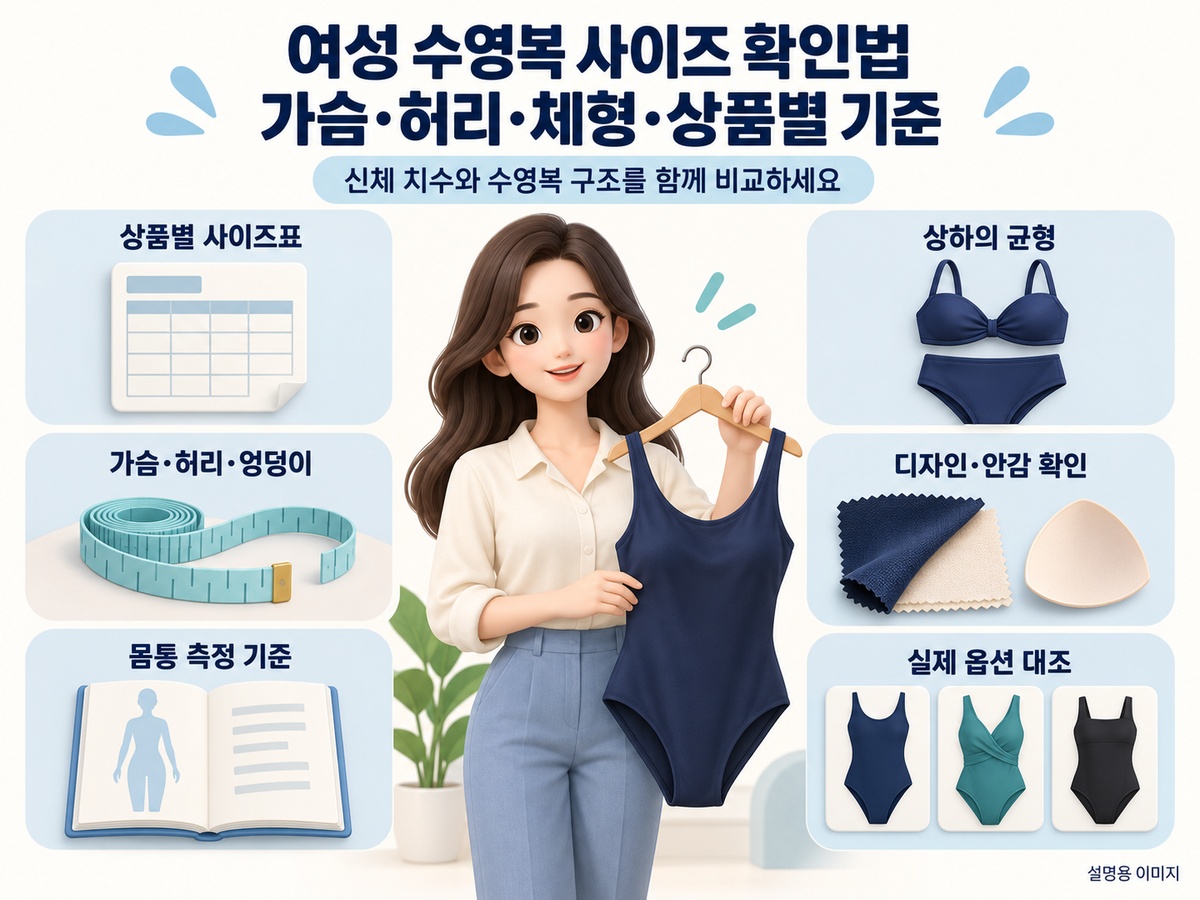 여성 수영복의 신체 치수·몸통 길이·디자인·소재·실제 옵션을 정리한 요약 이미지