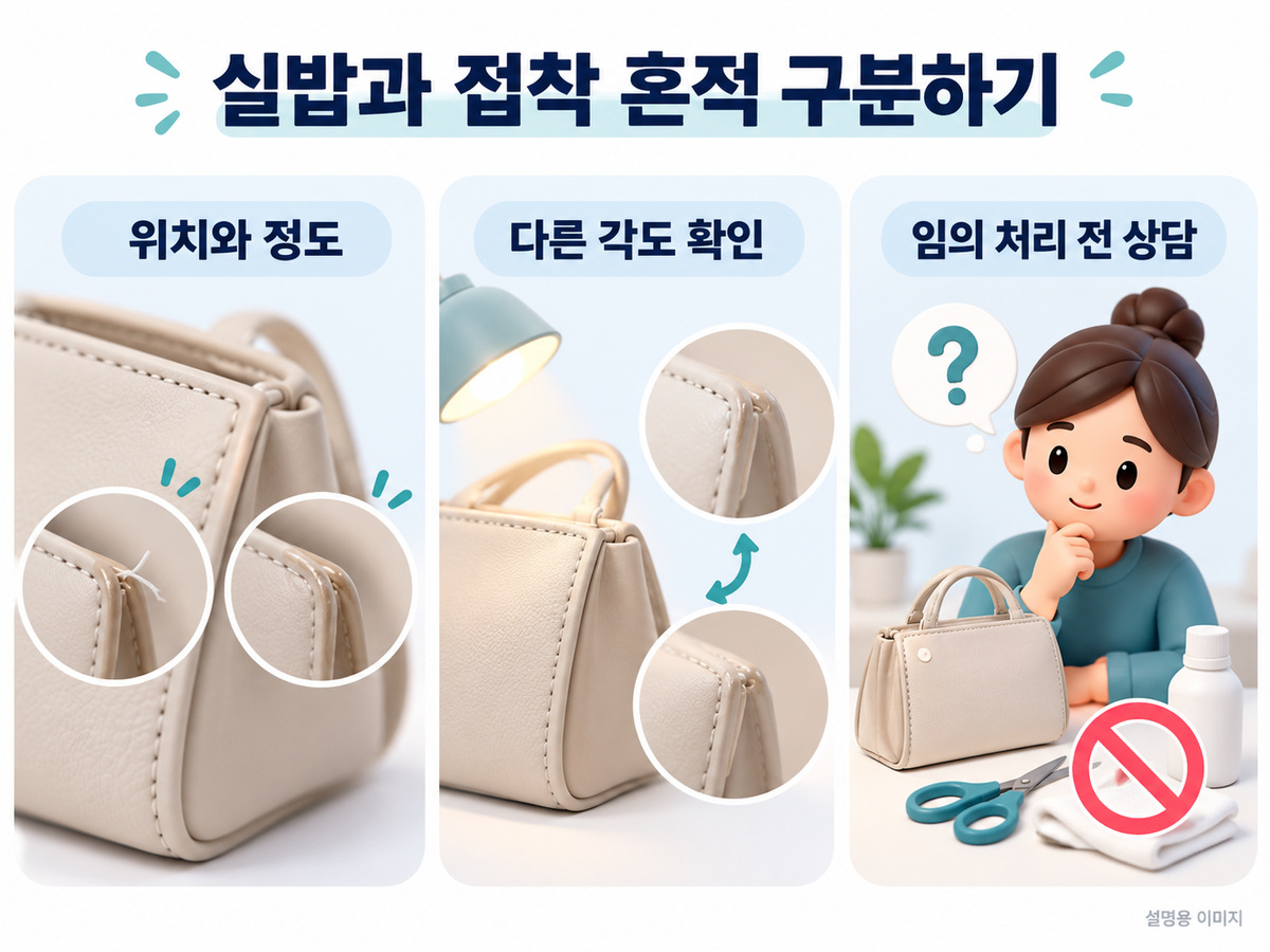 실밥과 접착 흔적 구분하기의 확인 기준을 설명하는 이미지