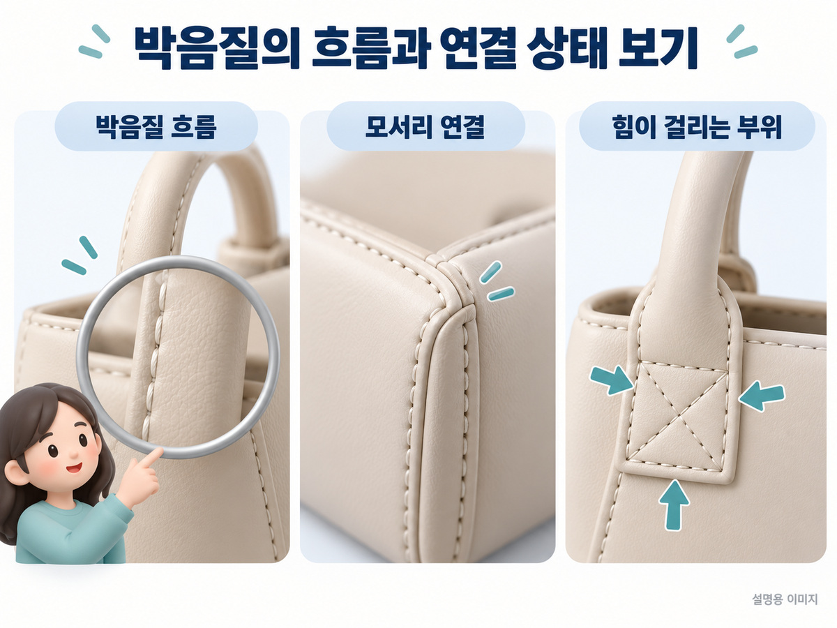 박음질의 흐름과 연결 상태 보기의 확인 기준을 설명하는 이미지