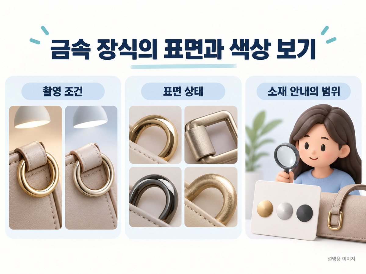 금속 장식의 표면과 색상 보기의 확인 기준을 설명하는 이미지