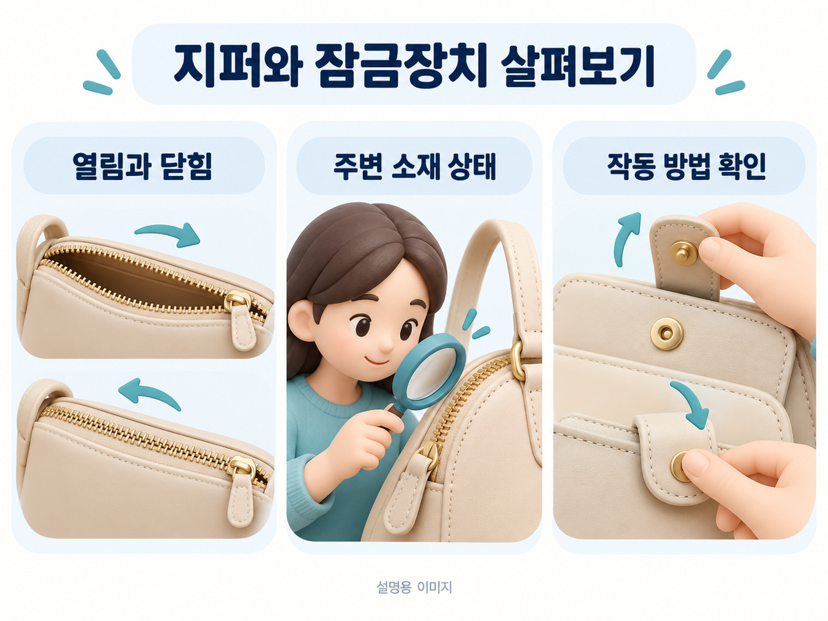 지퍼와 잠금장치 살펴보기의 확인 기준을 설명하는 이미지