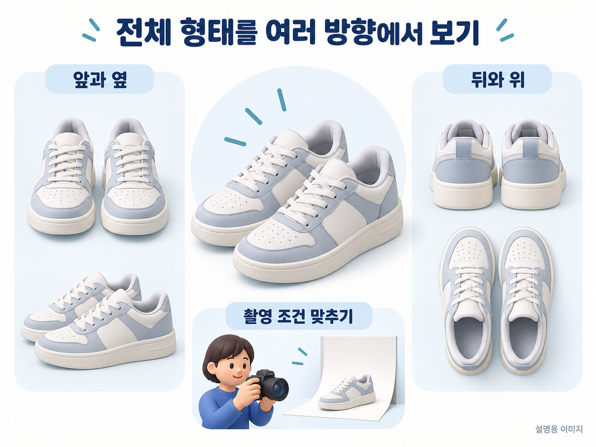 전체 형태를 여러 방향에서 보기의 확인 기준을 설명하는 이미지