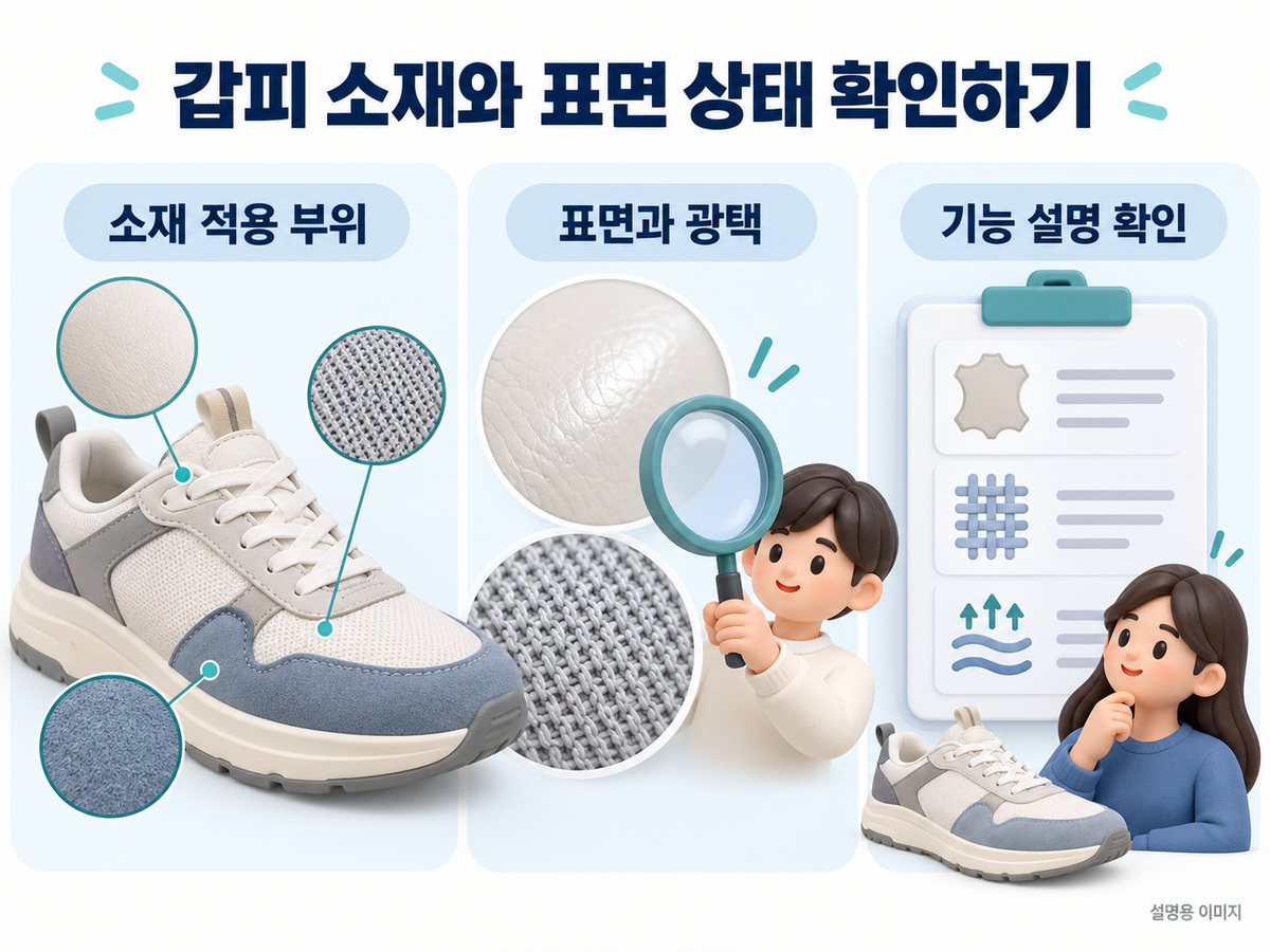 갑피 소재와 표면 상태 확인하기의 확인 기준을 설명하는 이미지