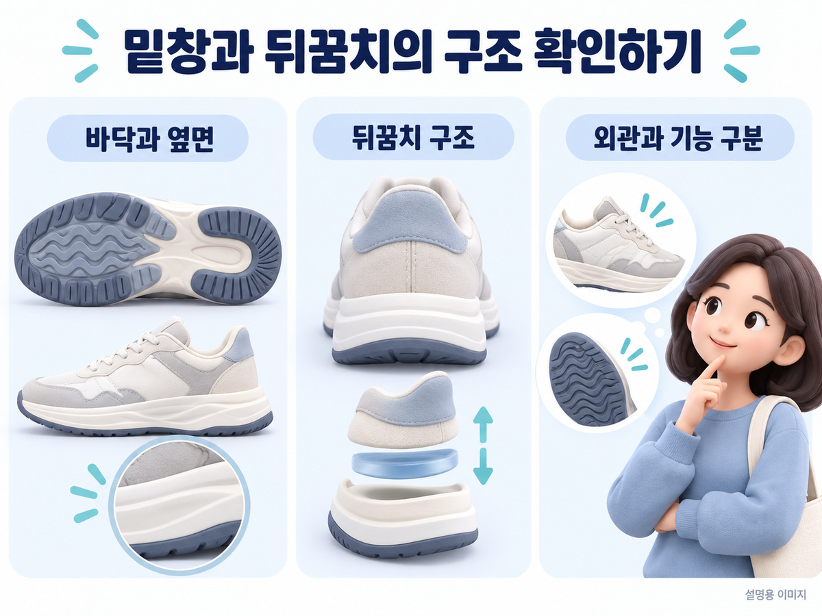 밑창과 뒤꿈치의 구조 확인하기의 확인 기준을 설명하는 이미지