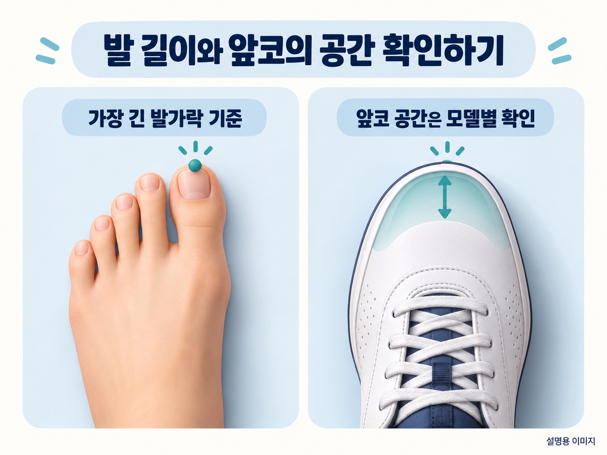 발 길이와 앞코의 공간 확인하기 설명용 이미지
