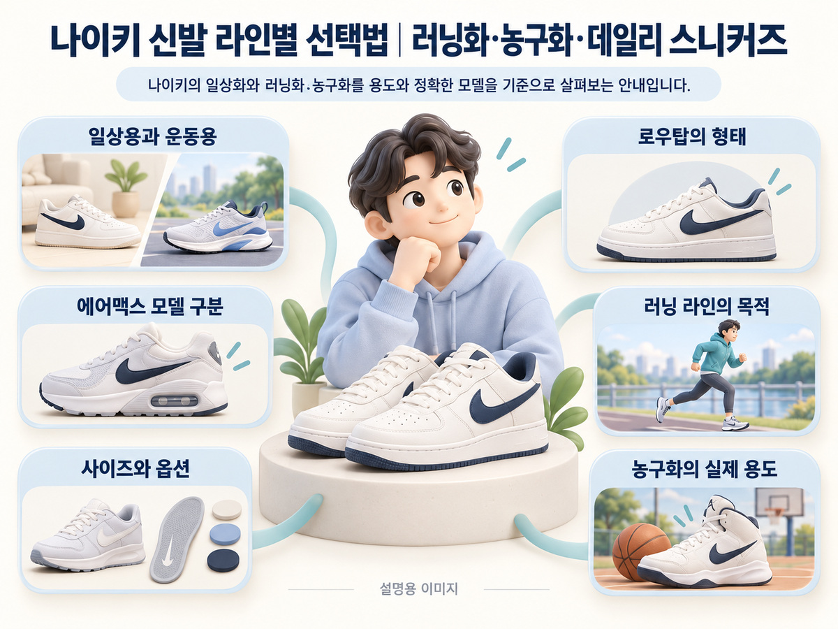 나이키의 일상화와 러닝화·농구화를 용도와 정확한 모델을 기준으로 살펴보는 안내입니다. 내용을 정리한 설명용 인포그래픽