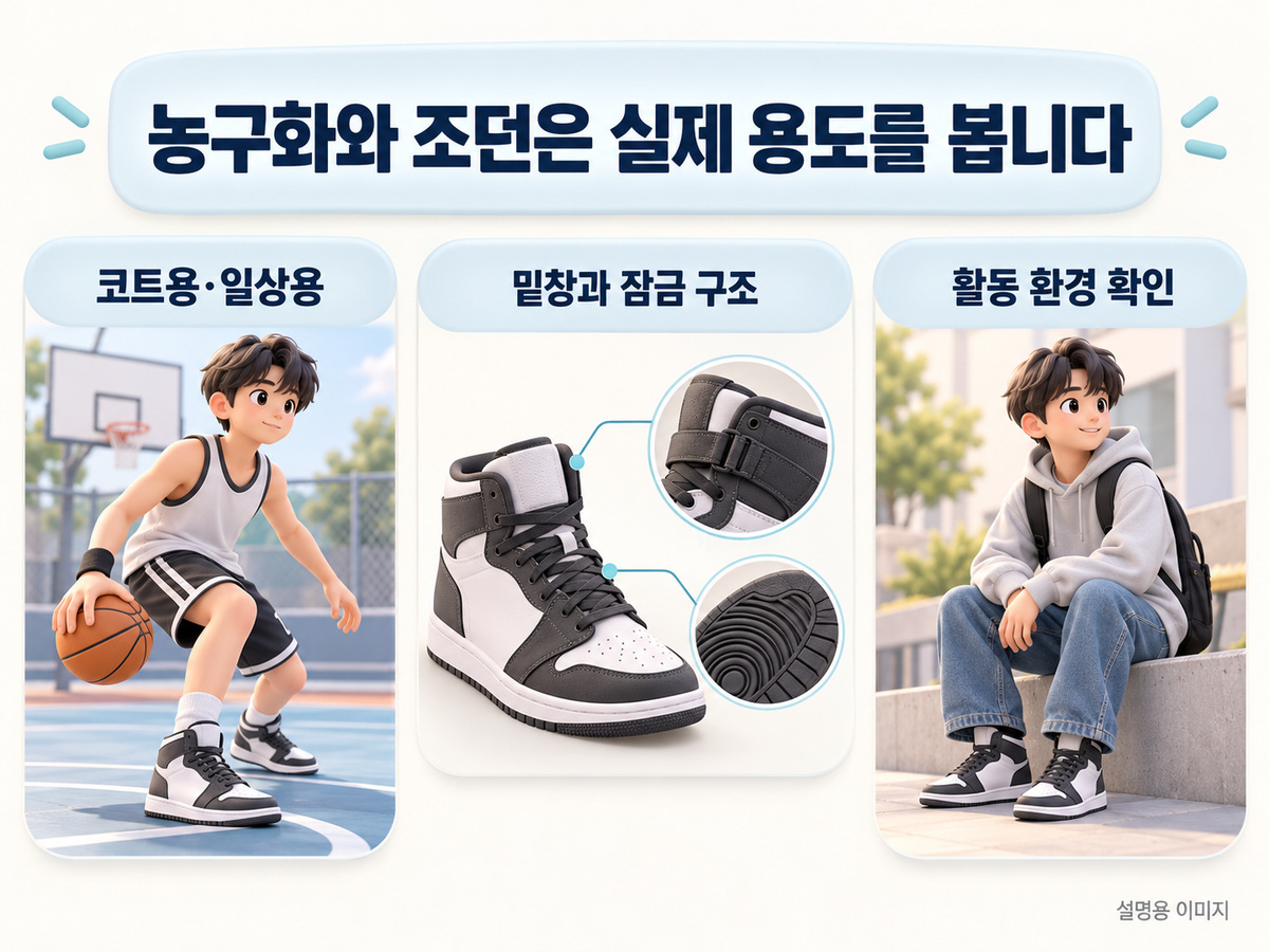 농구화와 조던은 실제 용도를 봅니다의 핵심 내용을 보여주는 설명용 이미지