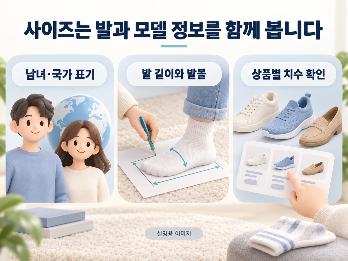 사이즈는 발과 모델 정보를 함께 봅니다의 핵심 내용을 보여주는 설명용 이미지