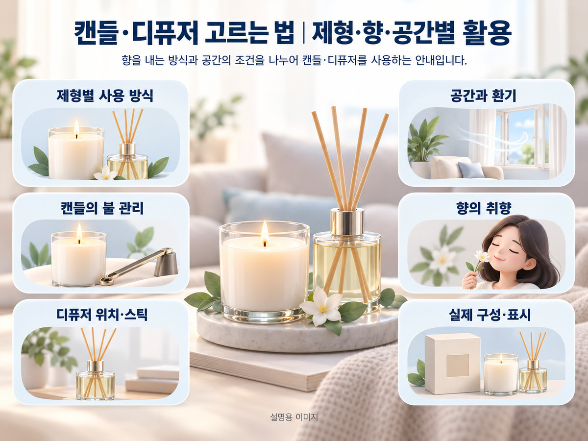 향을 내는 방식과 공간의 조건을 나누어 캔들·디퓨저를 사용하는 안내입니다. 내용을 정리한 설명용 인포그래픽