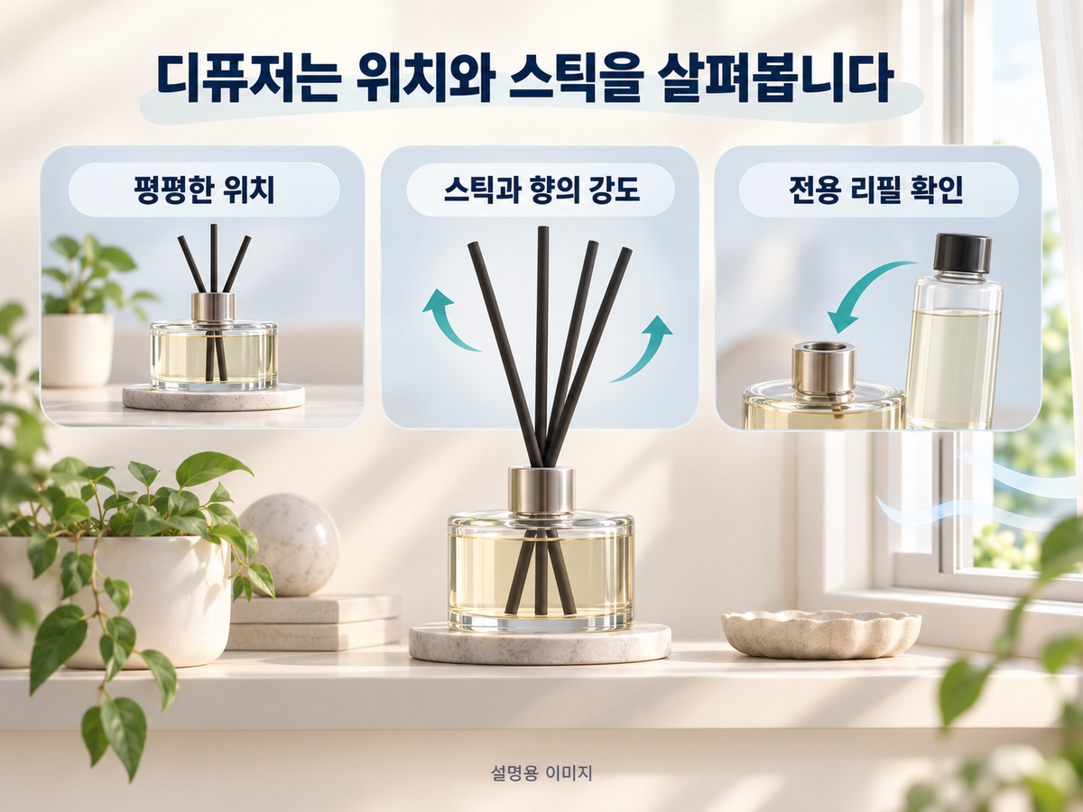 디퓨저는 위치와 스틱을 살펴봅니다의 핵심 내용을 보여주는 설명용 이미지