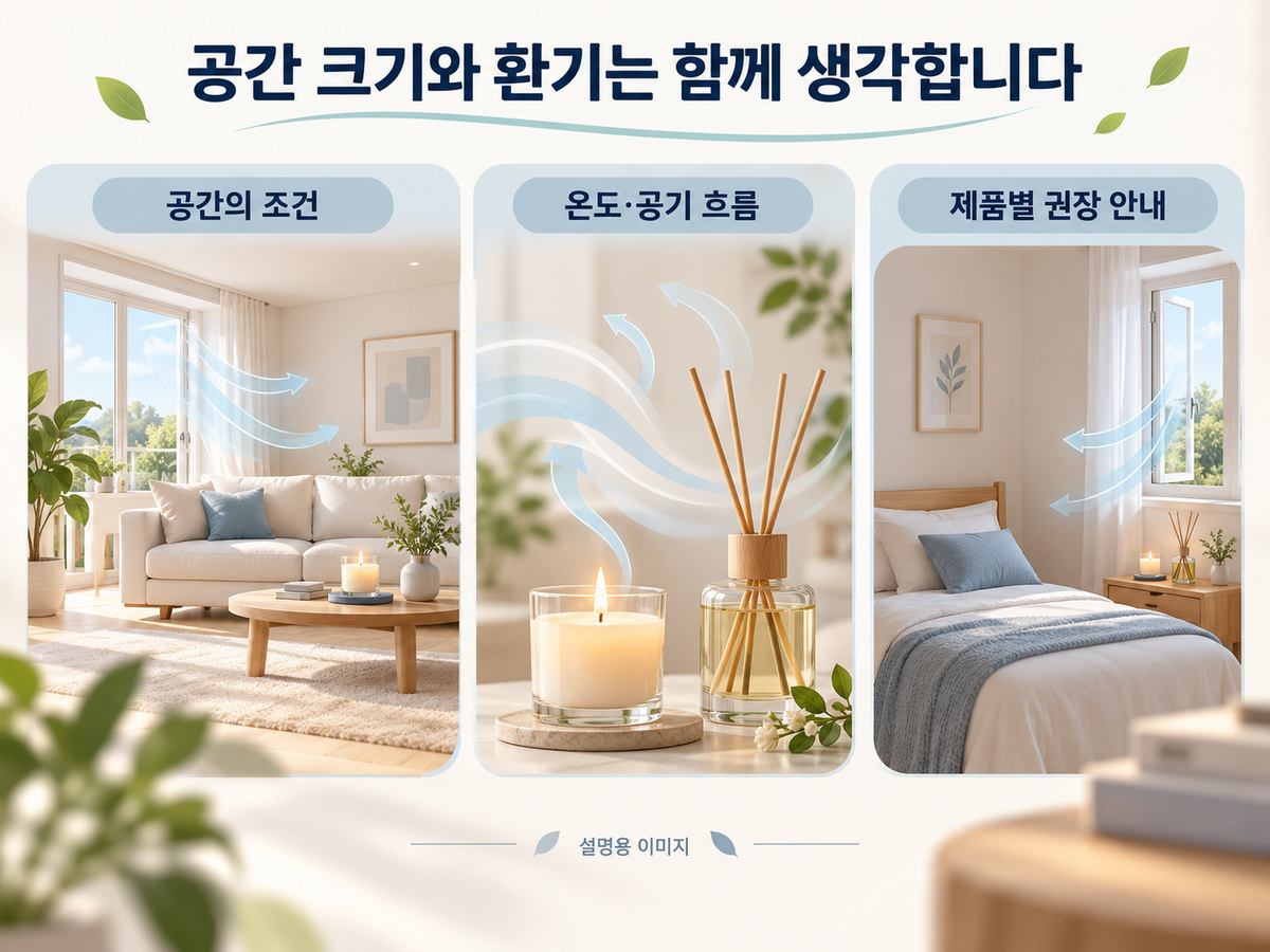 공간 크기와 환기는 함께 생각합니다의 핵심 내용을 보여주는 설명용 이미지