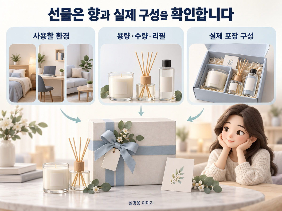 선물은 향과 실제 구성을 확인합니다의 핵심 내용을 보여주는 설명용 이미지
