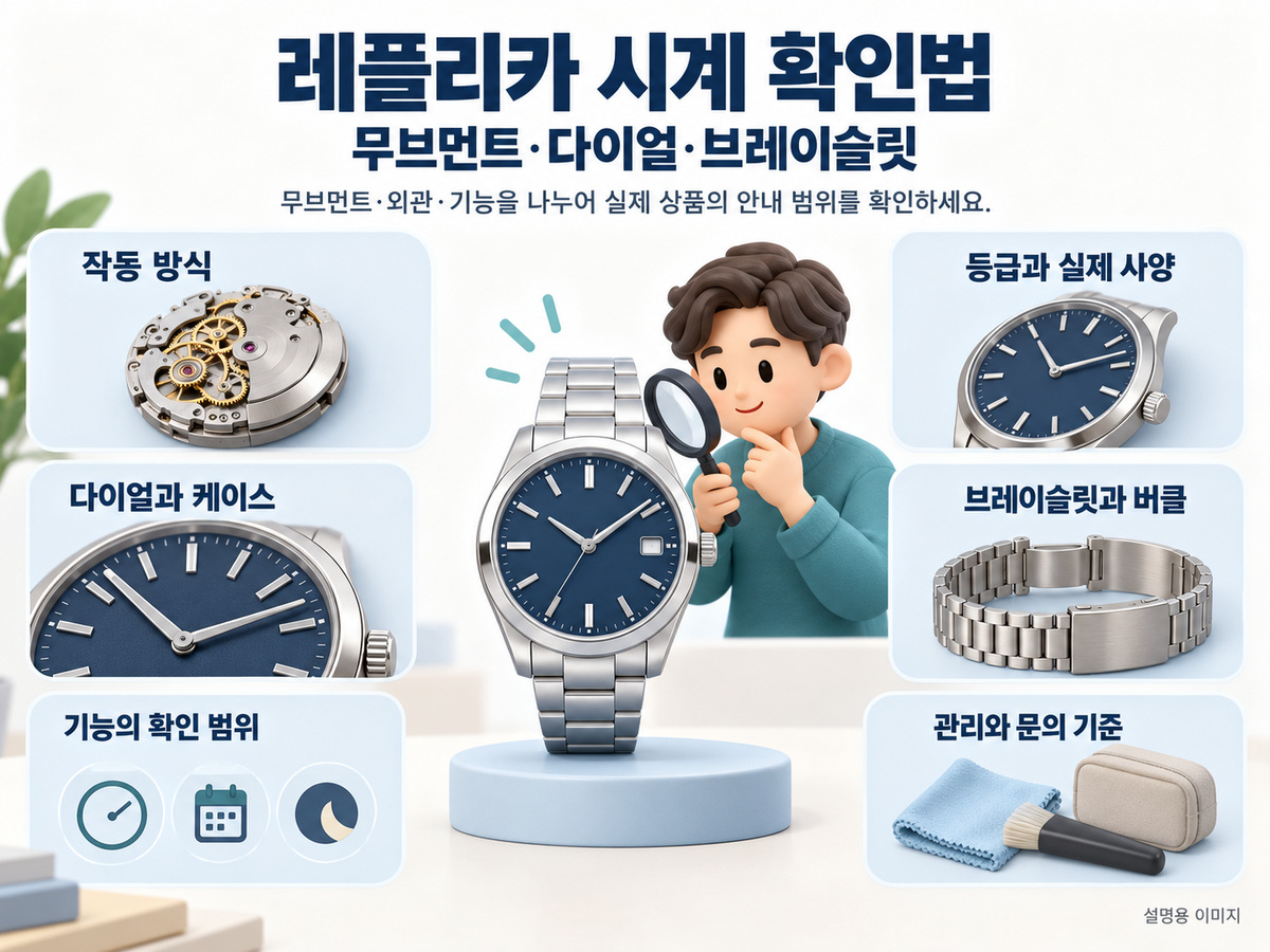 무브먼트·외관·기능을 나누어 실제 상품의 안내 범위를 확인하세요. 내용을 정리한 설명용 인포그래픽