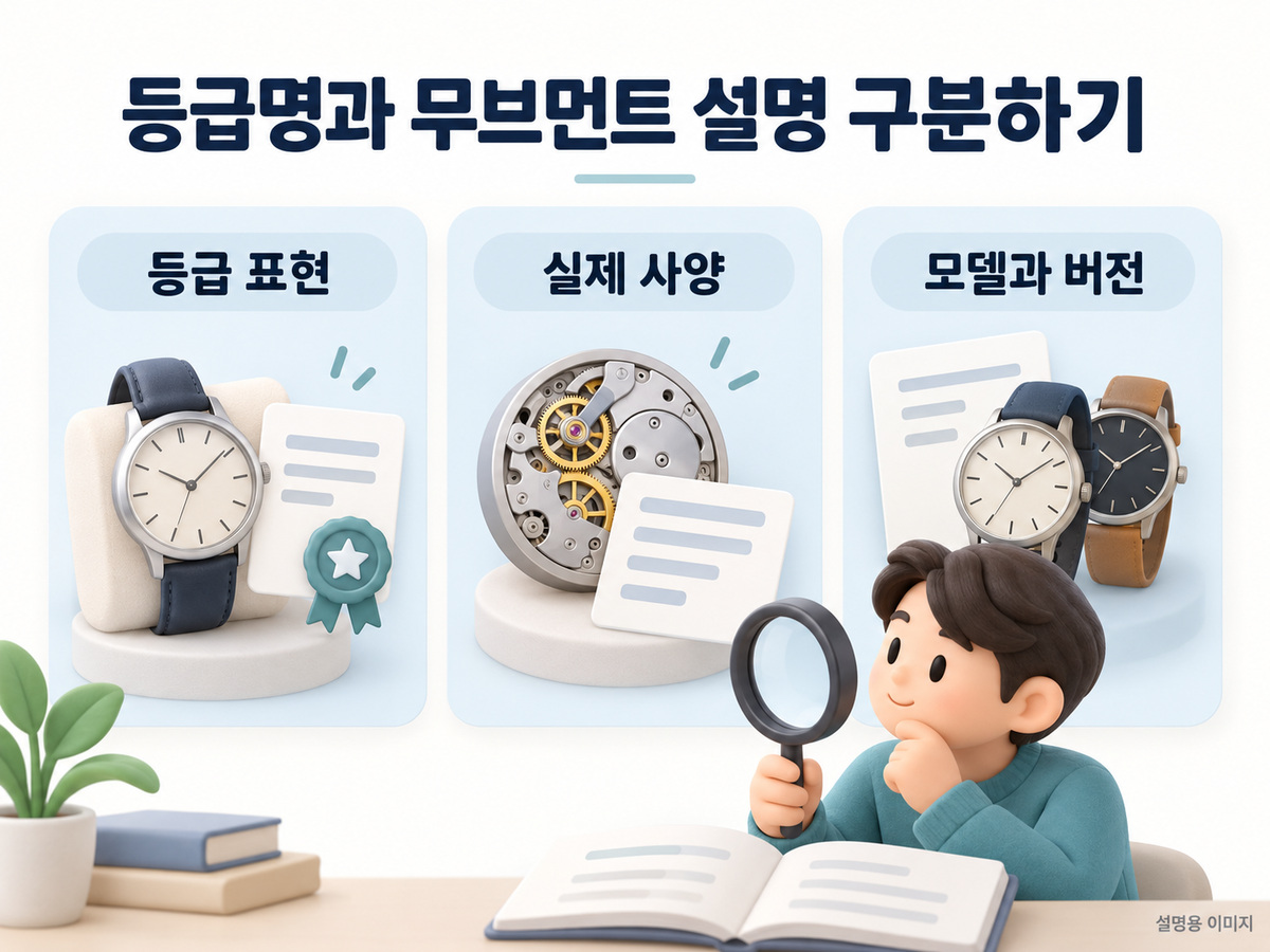 등급명과 무브먼트 설명 구분하기의 확인 기준을 설명하는 이미지