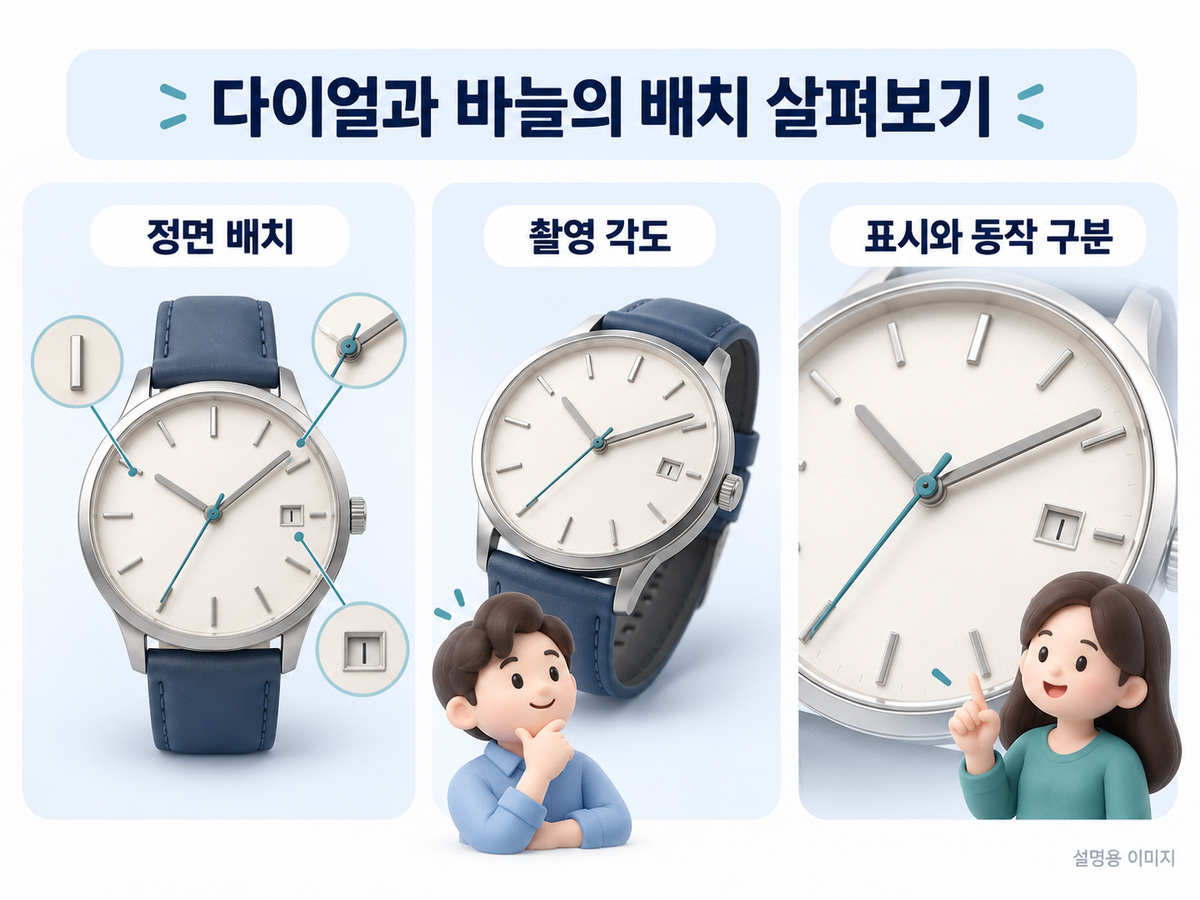 다이얼과 바늘의 배치 살펴보기의 확인 기준을 설명하는 이미지