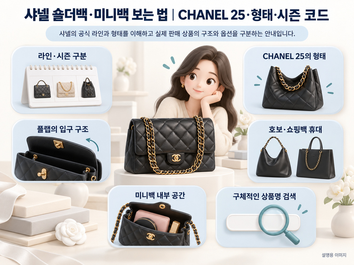 샤넬의 공식 라인과 형태를 이해하고 실제 판매 상품의 구조와 옵션을 구분하는 안내입니다. 내용을 정리한 설명용 인포그래픽