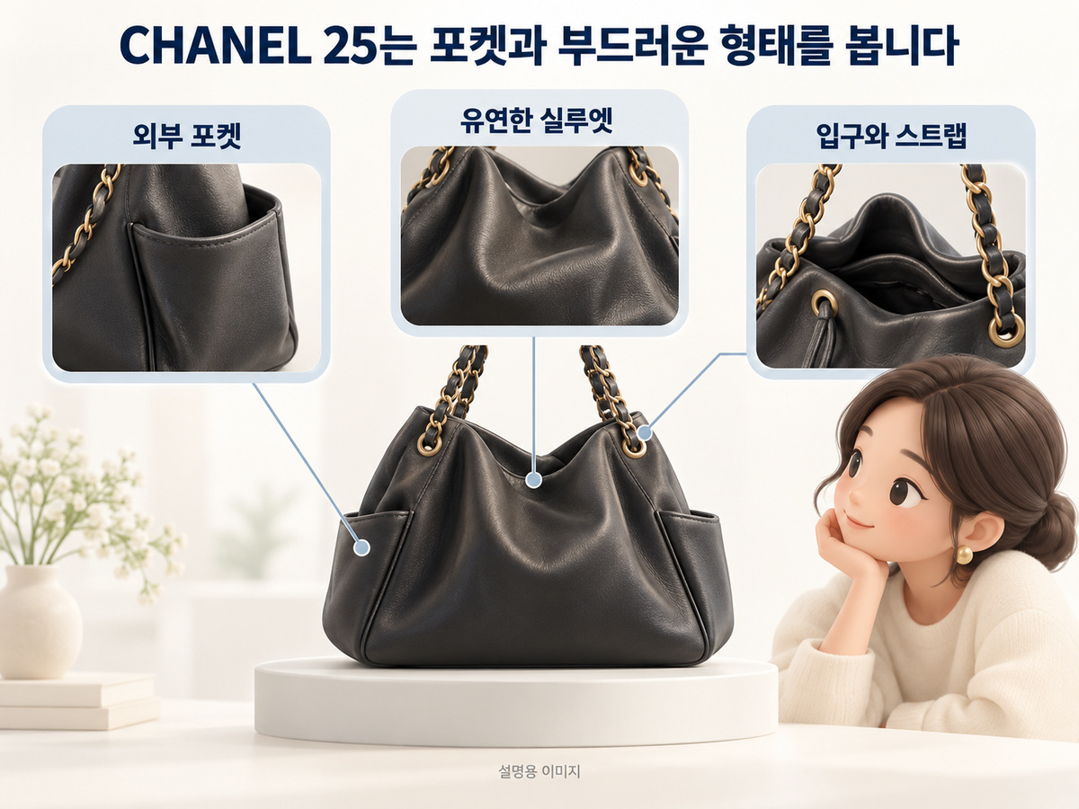CHANEL 25는 포켓과 부드러운 형태를 봅니다의 핵심 내용을 보여주는 설명용 이미지