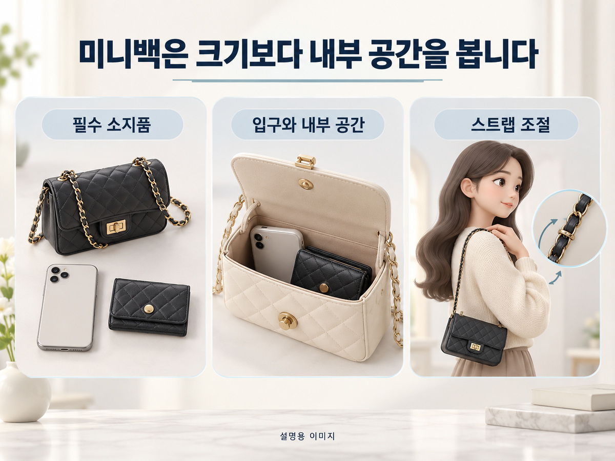 미니백은 크기보다 내부 공간을 봅니다의 핵심 내용을 보여주는 설명용 이미지