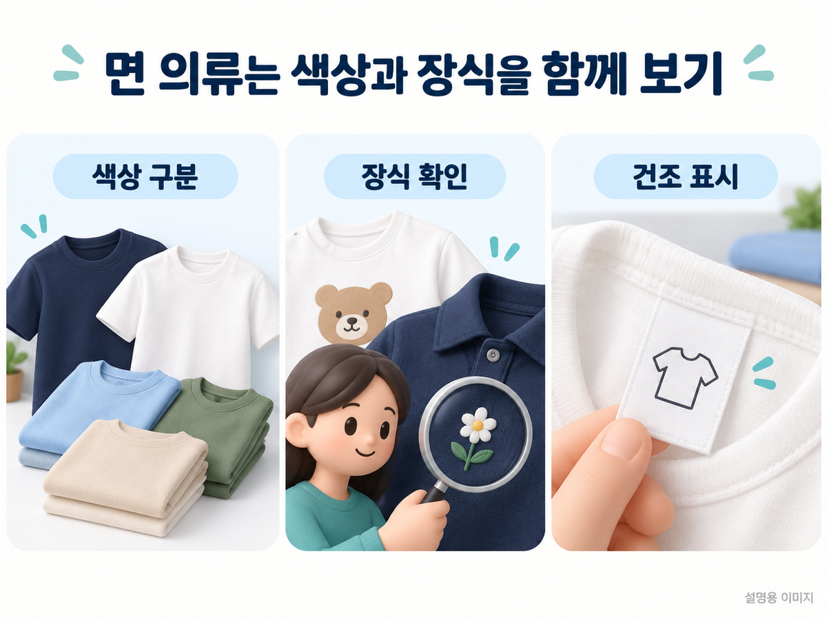 면 의류는 색상과 장식을 함께 보기의 확인 기준을 설명하는 이미지