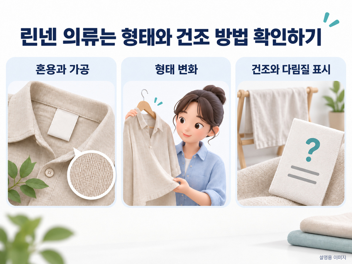 린넨 의류는 형태와 건조 방법 확인하기의 확인 기준을 설명하는 이미지