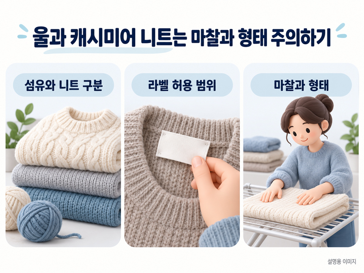 울과 캐시미어 니트는 마찰과 형태 주의하기의 확인 기준을 설명하는 이미지