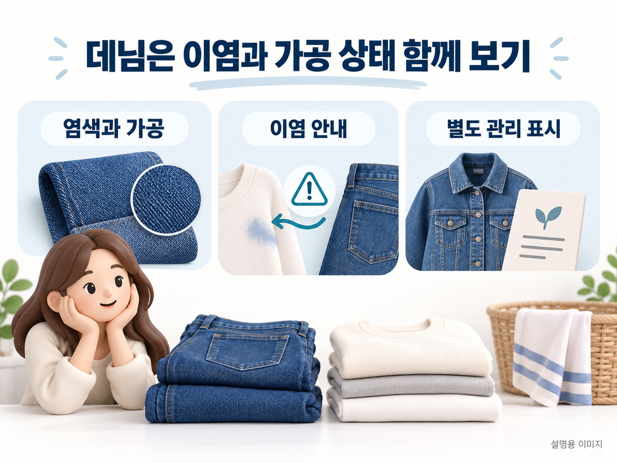 데님은 이염과 가공 상태 함께 보기의 확인 기준을 설명하는 이미지