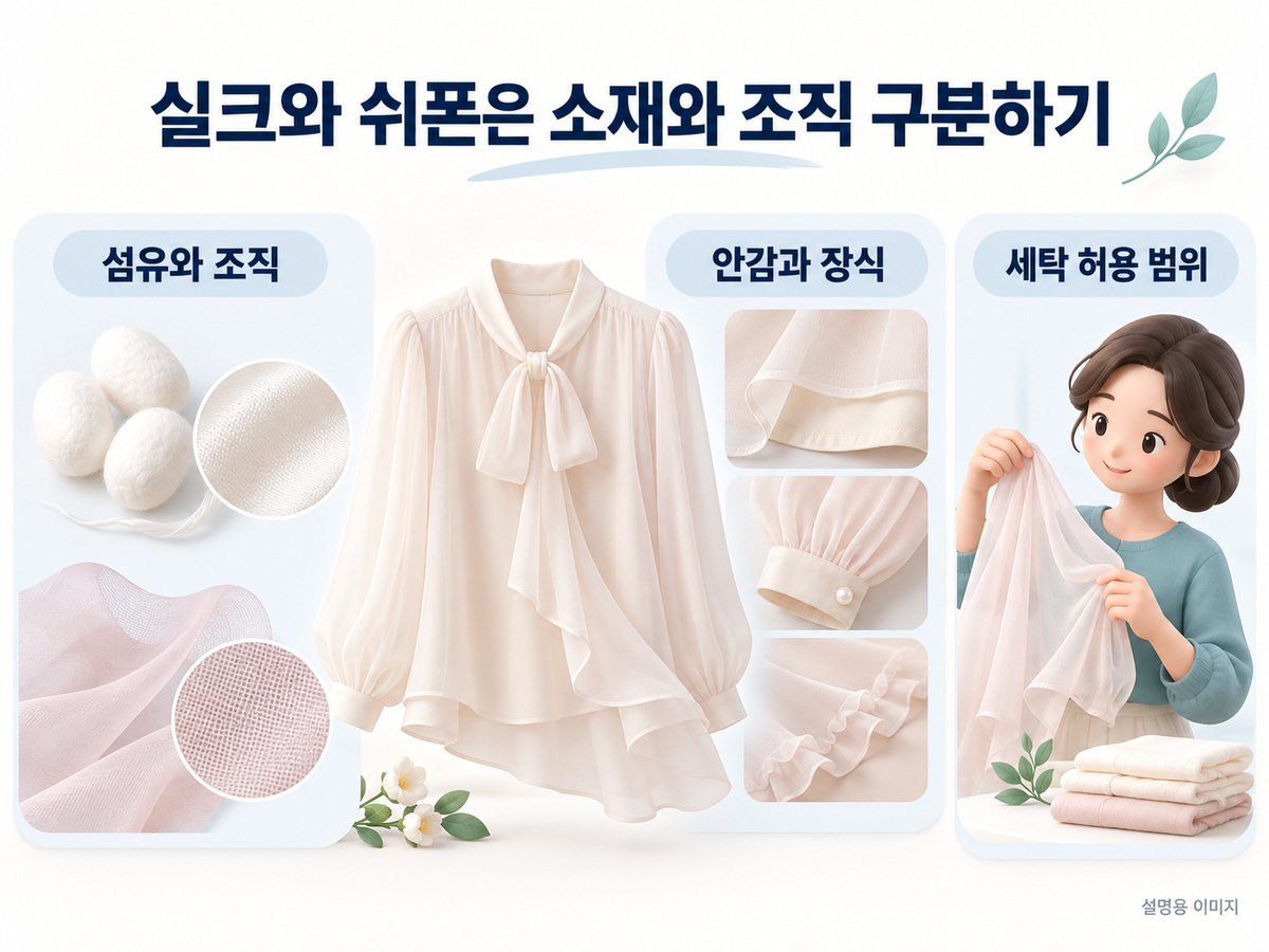 실크와 쉬폰은 소재와 조직 구분하기의 확인 기준을 설명하는 이미지