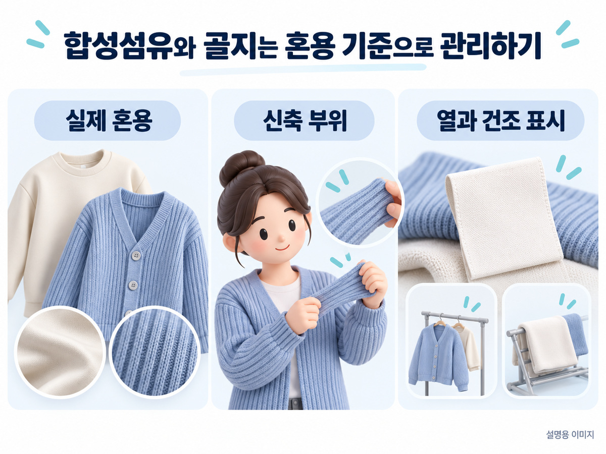 합성섬유와 골지는 혼용 기준으로 관리하기의 확인 기준을 설명하는 이미지