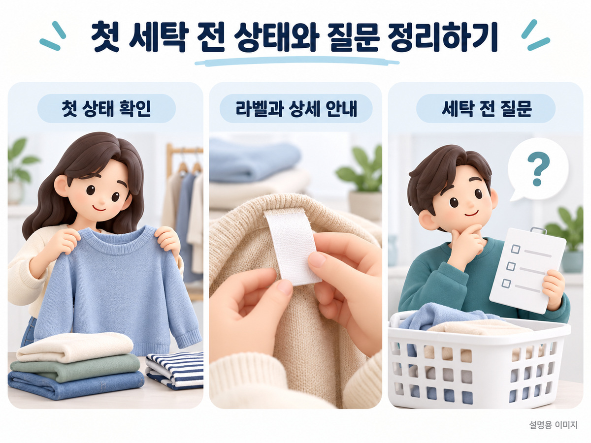 첫 세탁 전 상태와 질문 정리하기의 확인 기준을 설명하는 이미지