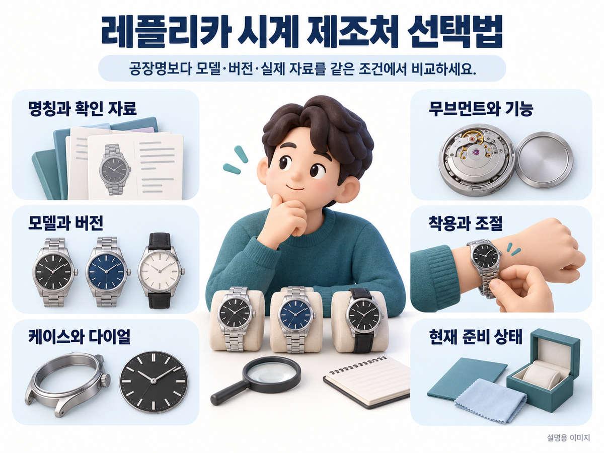 공장명보다 모델·버전·실제 자료를 같은 조건에서 비교하세요. 내용을 정리한 설명용 인포그래픽