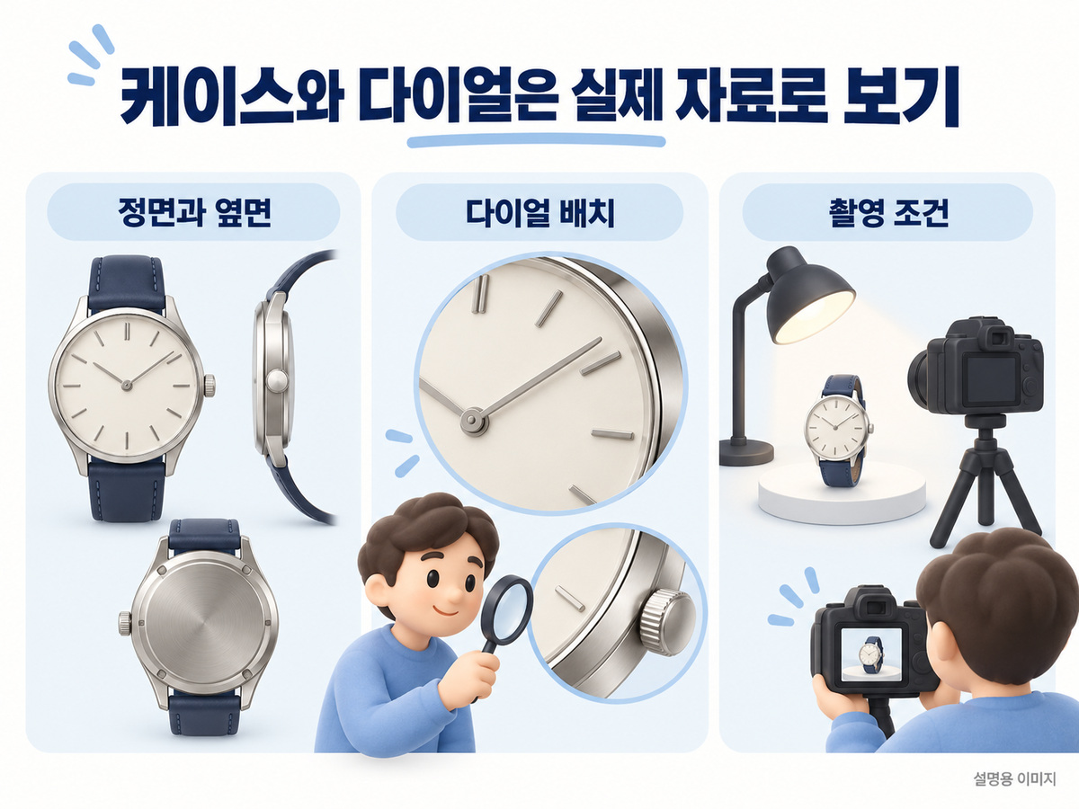 케이스와 다이얼은 실제 자료로 보기의 확인 기준을 설명하는 이미지
