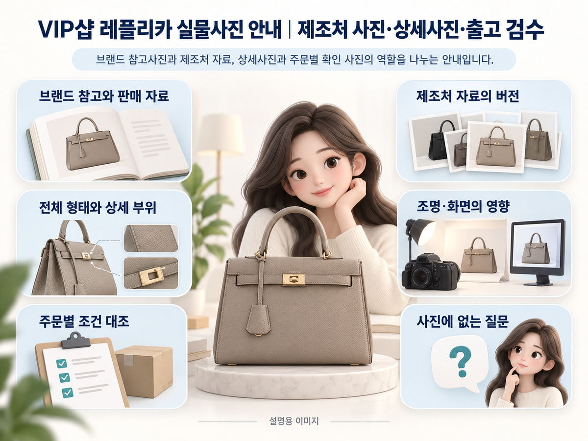 브랜드 참고사진과 제조처 자료, 상세사진과 주문별 확인 사진의 역할을 나누는 안내입니다. 내용을 정리한 설명용 인포그래픽