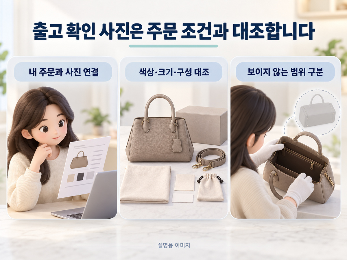 출고 확인 사진은 주문 조건과 대조합니다의 핵심 내용을 보여주는 설명용 이미지