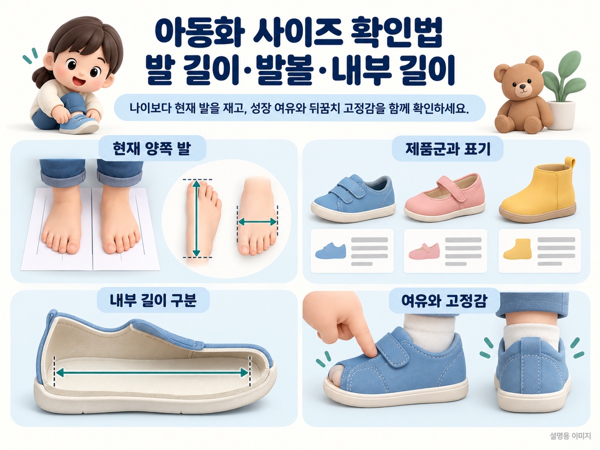 아동화 사이즈 확인법 | 발 길이·발볼·내부 길이 핵심 기준을 정리한 설명용 이미지