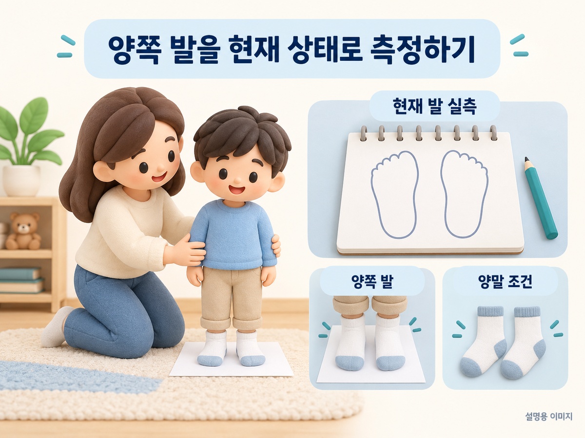 부모가 아이의 양쪽 발을 측정하고 기록하는 설명