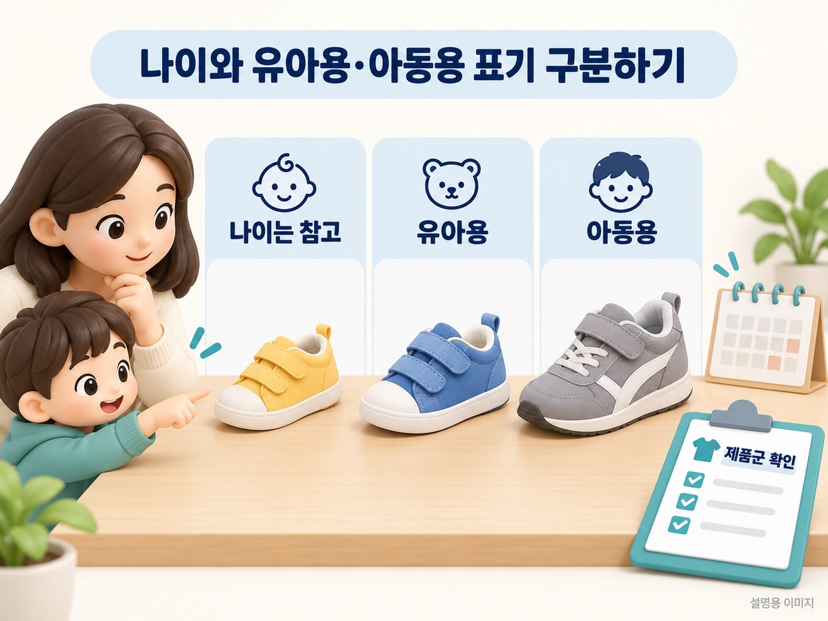 나이와 유아용 아동용 청소년 사이즈 제품군을 구분한 설명