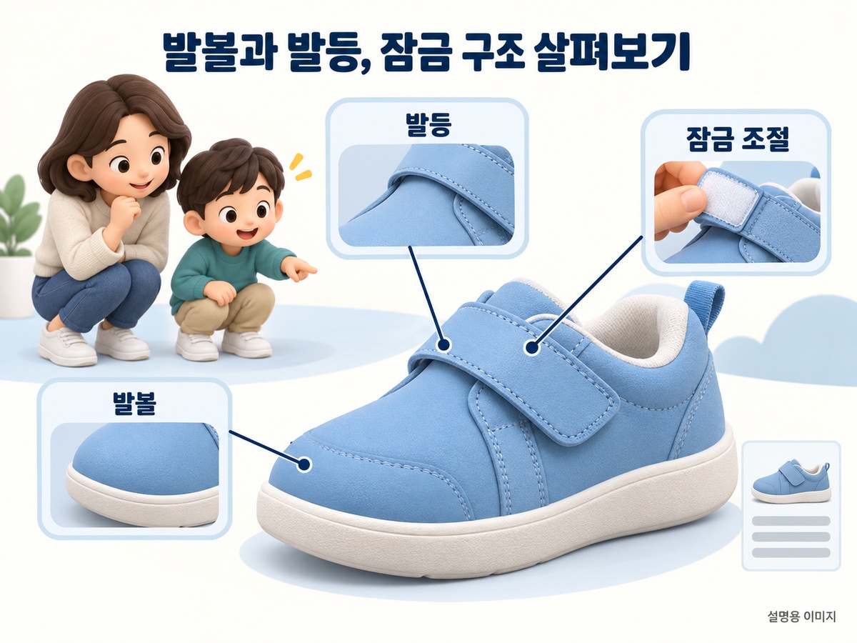 아동화 발볼 발등 잠금 구조 확인 위치를 나타낸 설명
