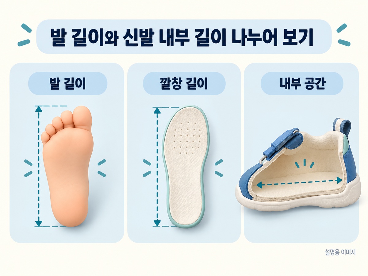 아이 발 길이 깔창 길이 신발 내부 공간을 구분한 설명