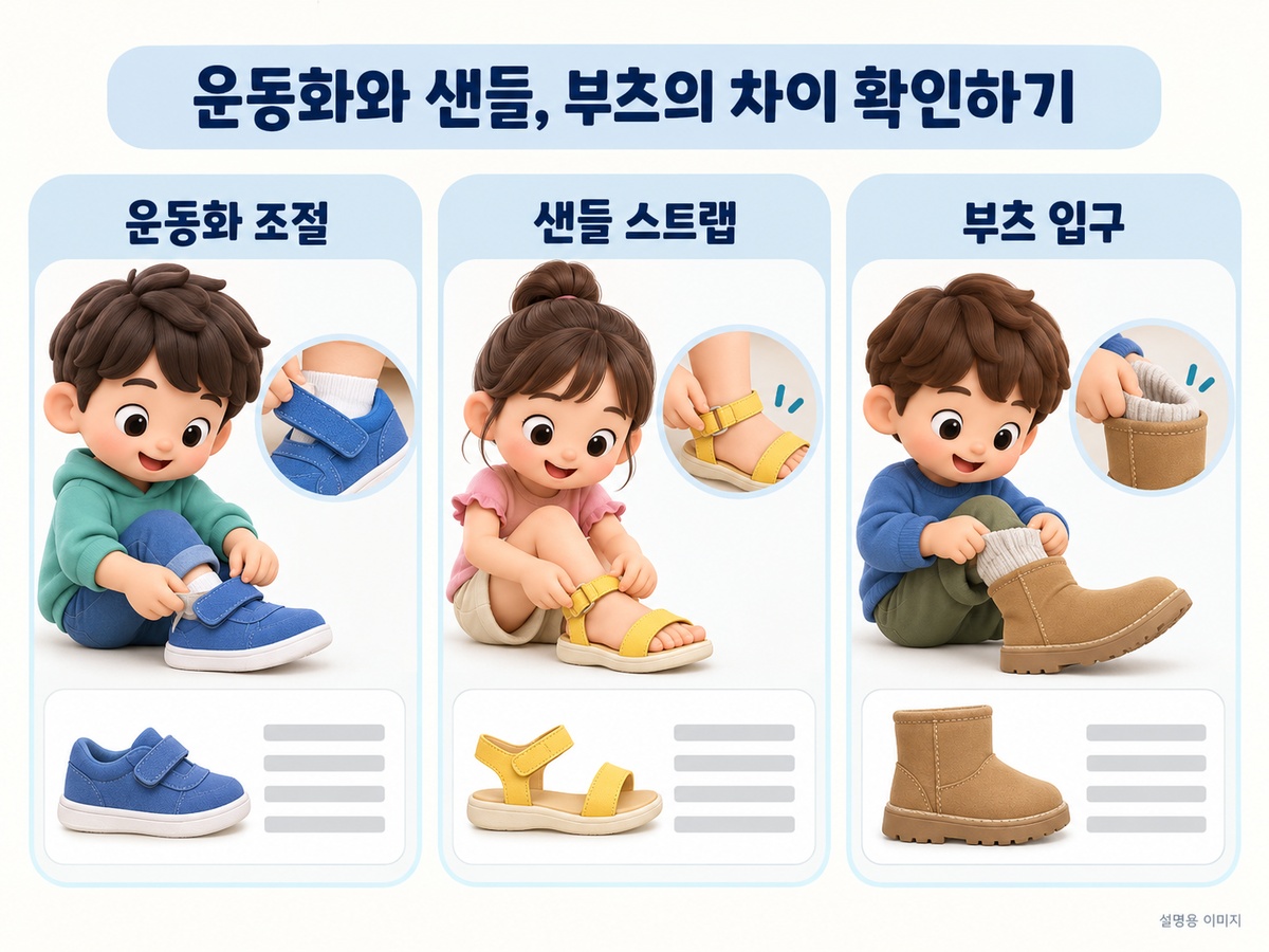 운동화 샌들 부츠의 착용 조건을 비교한 설명