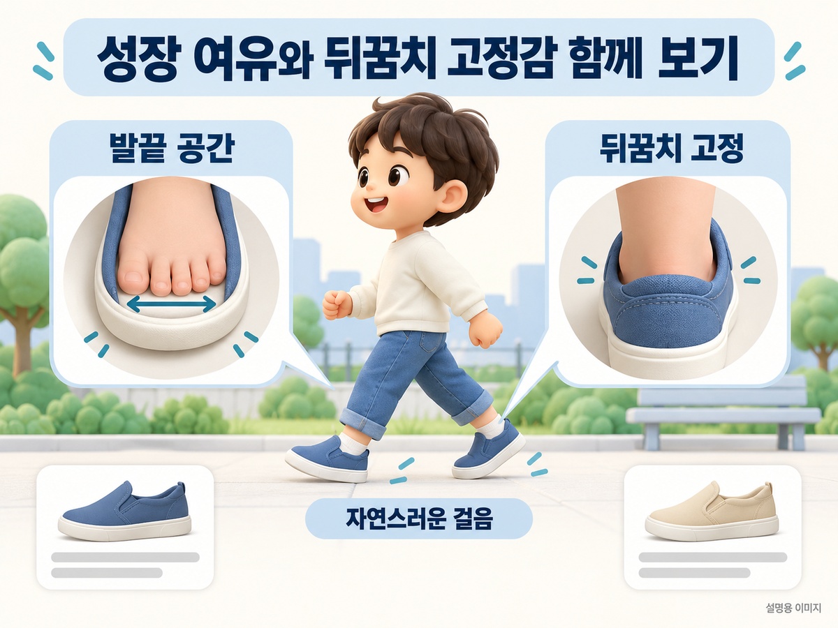아동화 발끝 여유와 뒤꿈치 고정감을 함께 확인하는 설명